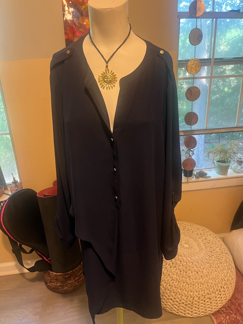 Chico's Navy Button-Front Tunic with Shoulder Tabs Professional